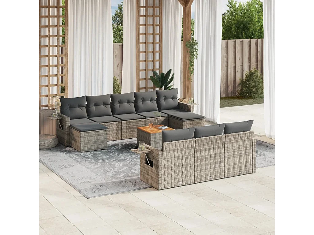 Salon de jardin 11 pcs avec coussins gris résine tressée