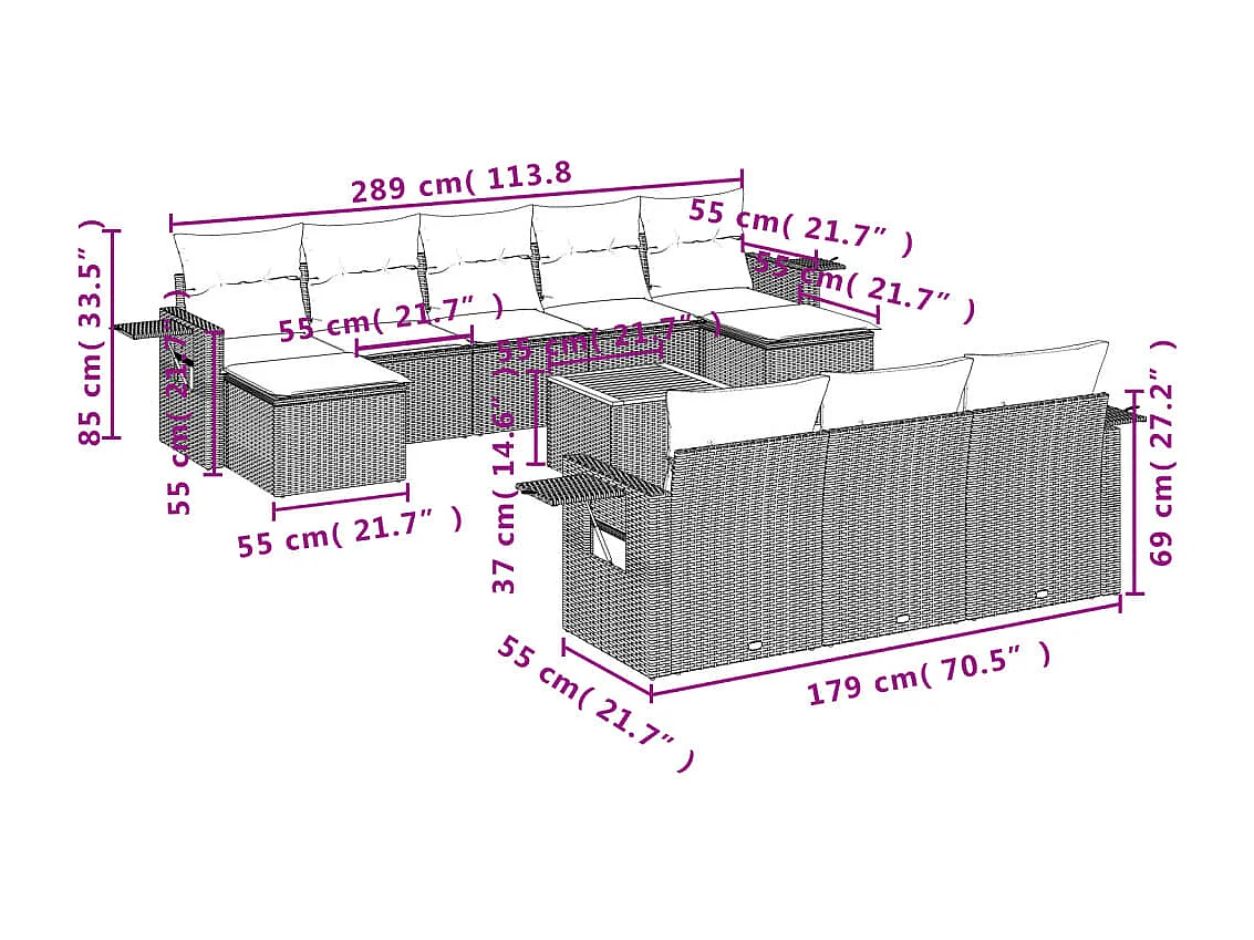Salon de jardin 11 pcs avec coussins gris résine tressée