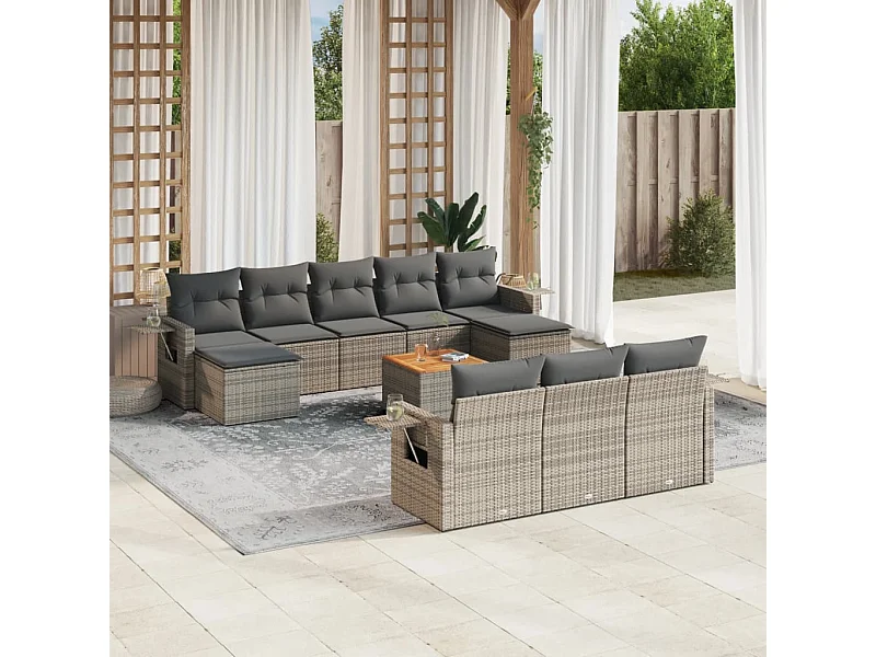 Salon de jardin 11 pcs avec coussins gris résine tressée