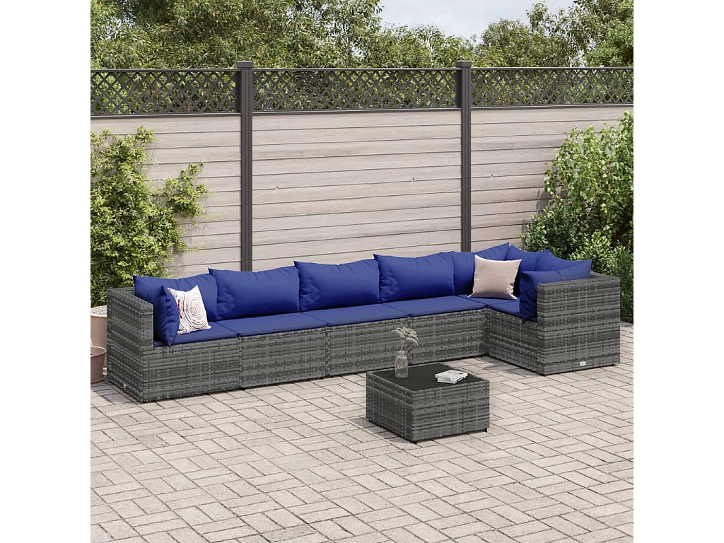 Salon de jardin 7 pcs avec coussins Gris Résine tressée