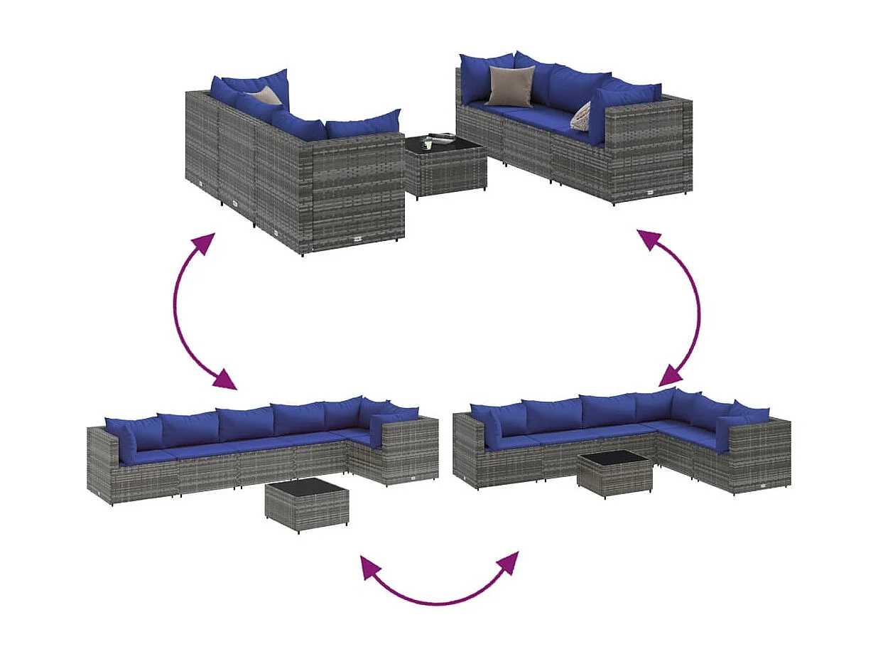 Salon de jardin 7 pcs avec coussins Gris Résine tressée