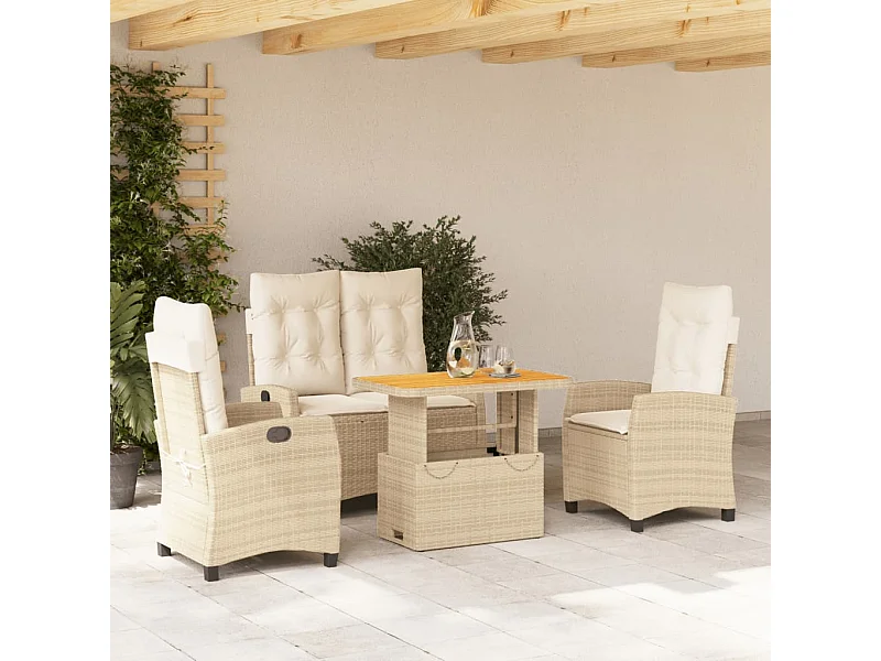 Set de comedor jardín con cojines 4 pzas ratán sintético beige