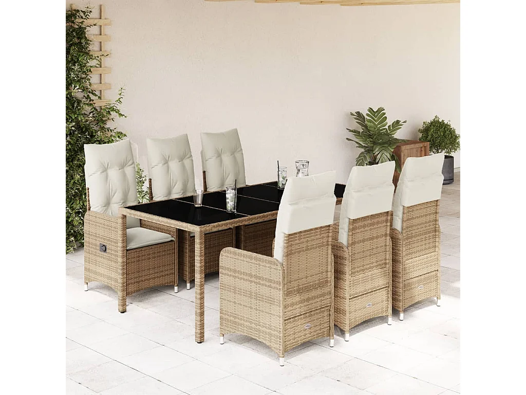 7 pcs conjunto de bistrô para jardim c/ almofadões vime PE bege