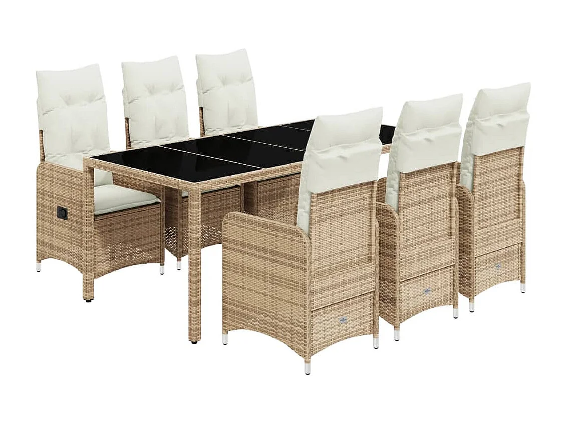 7 pcs conjunto de bistrô para jardim c/ almofadões vime PE bege