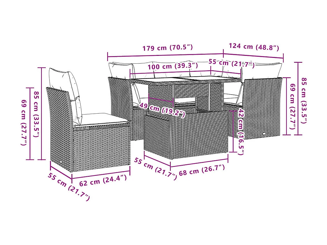 6-delige Loungeset met kussens poly rattan bruin