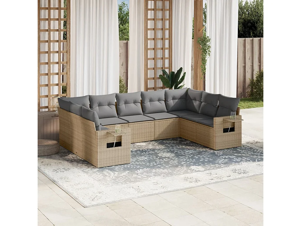 9-delige Loungeset met kussens poly rattan beige