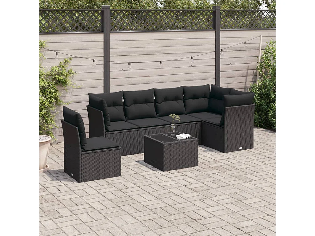 Salon de jardin 7 pcs avec coussins noir résine tressée