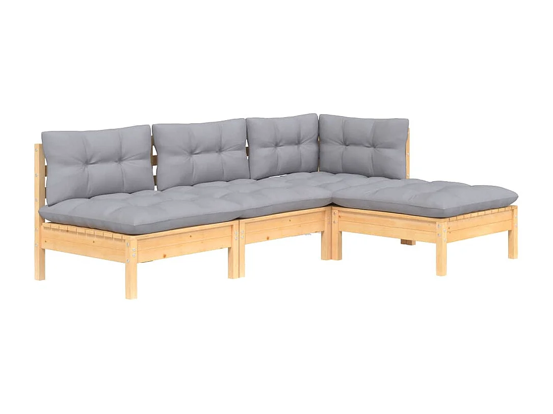 Salon de jardin 4 pcs avec coussins gris Bois de pin