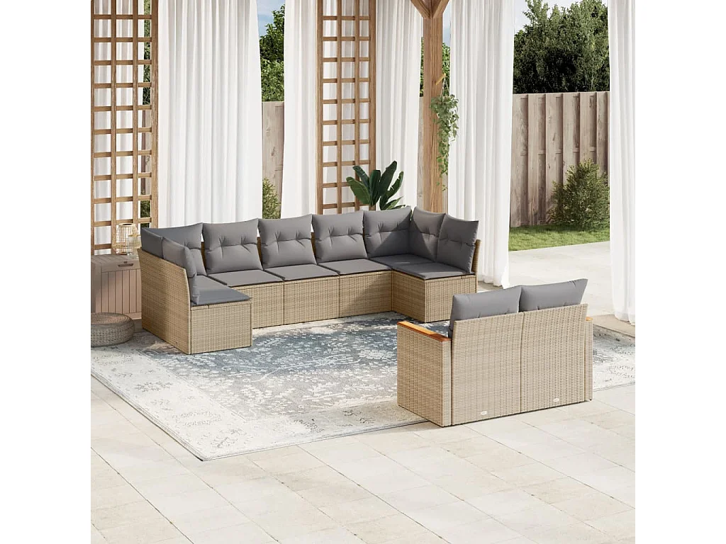Salon de jardin avec coussins 9 pcs beige résine tressée