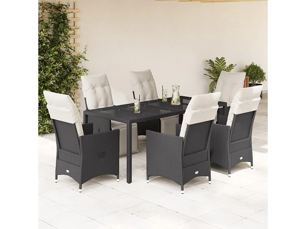 Set da Pranzo da Giardino 7 pz Nero con Cuscini in Polyrattan