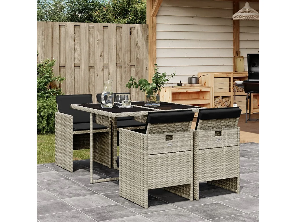 Set Pranzo da Giardino 5pz con Cuscini Grigio Chiaro Polyrattan