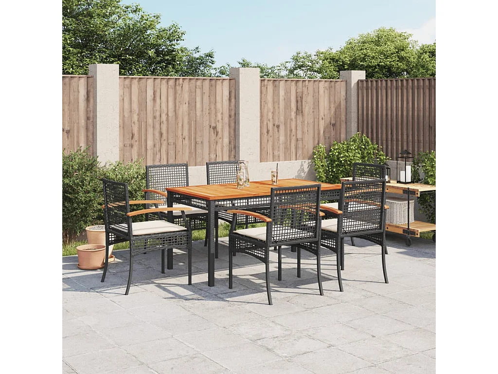 Ensemble à manger de jardin coussins 7pcs Noir Résine tressée