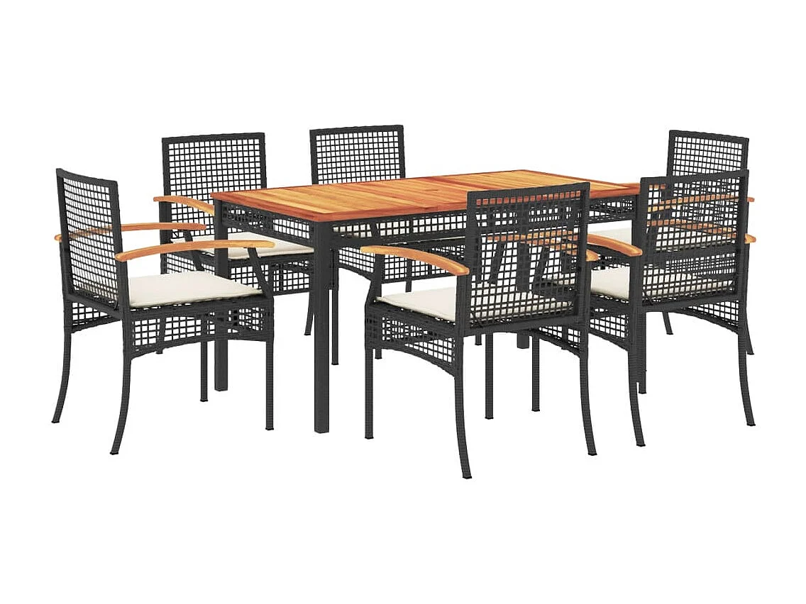 Ensemble à manger de jardin coussins 7pcs Noir Résine tressée