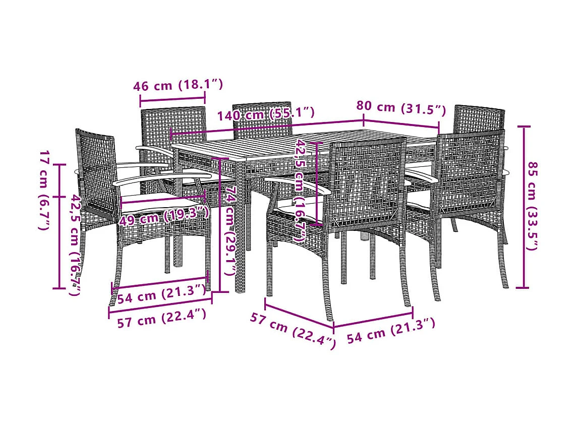 Ensemble à manger de jardin coussins 7pcs Noir Résine tressée