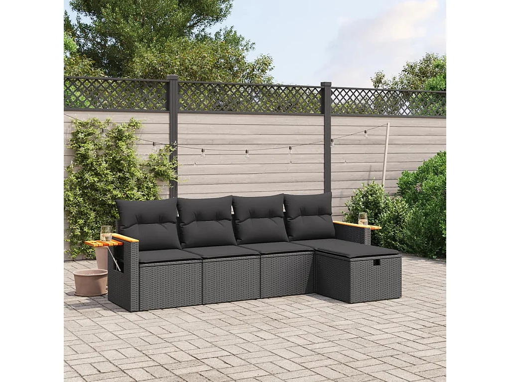 Set Divani da Giardino 5 pz con Cuscini in Polyrattan Nero
