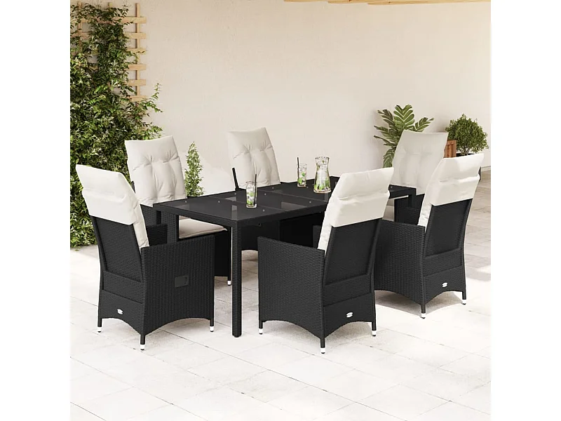 Ensemble à manger de jardin coussins 7pcs Noir Résine tressée