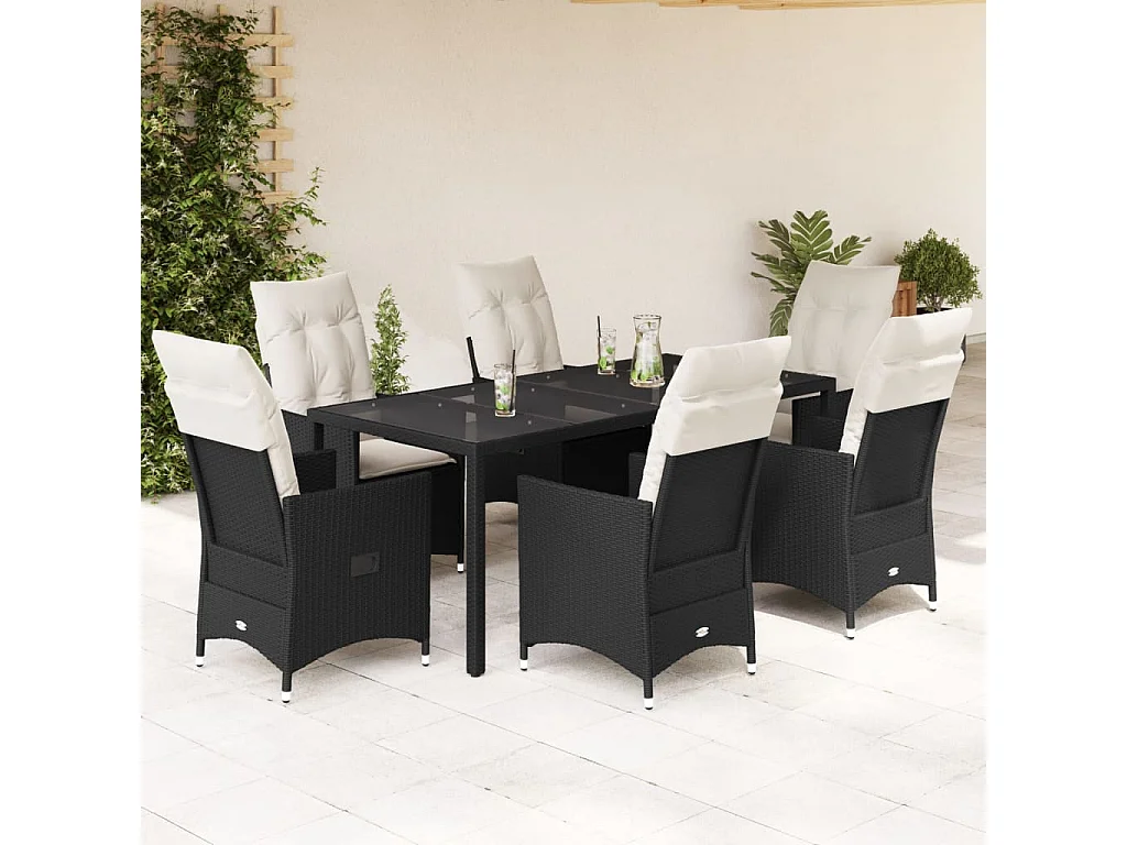 Ensemble à manger de jardin coussins 7pcs Noir Résine tressée