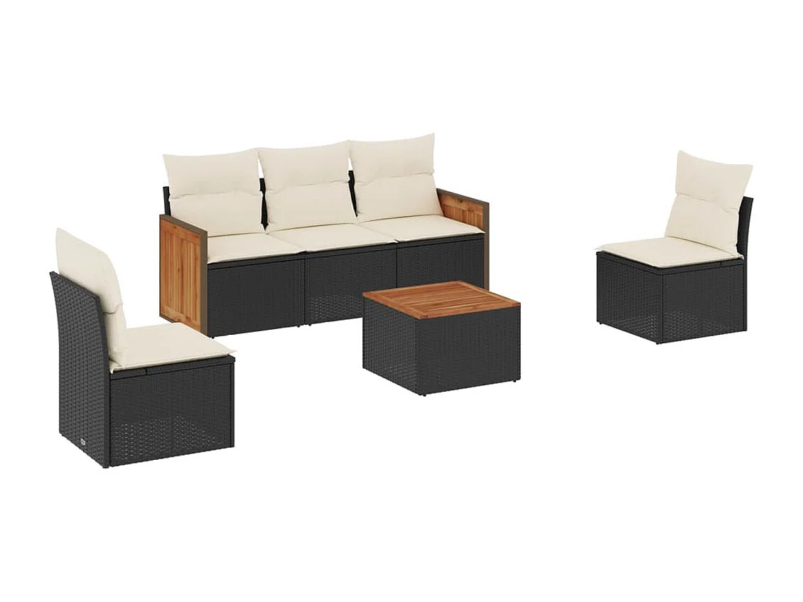6-delige Loungeset met kussens poly rattan zwart