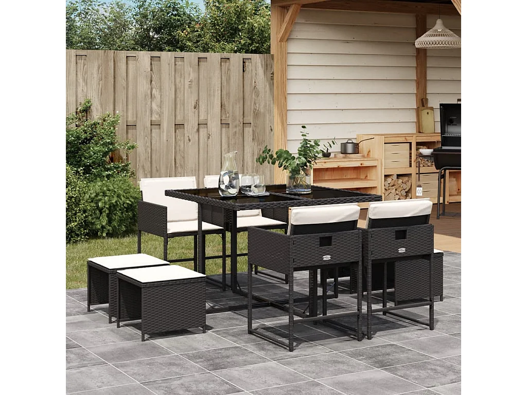 Set de comedor de jardín 9 pzas y cojines ratán sintético negro