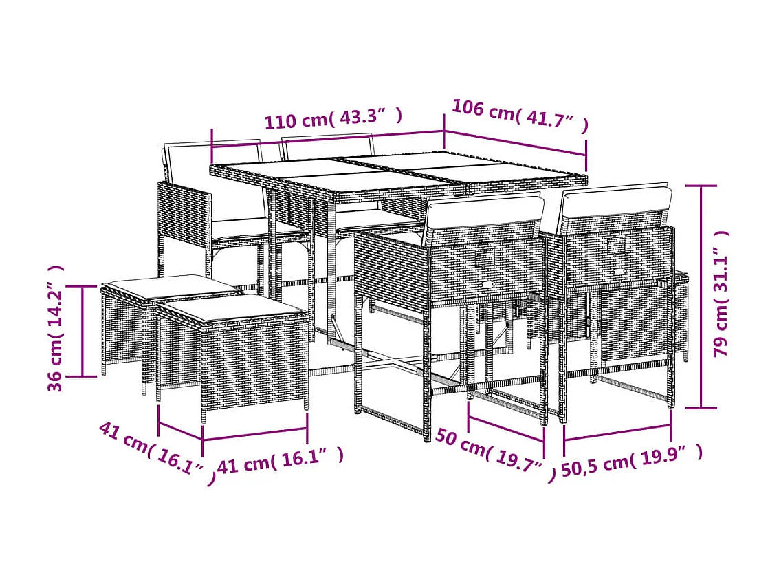 Set de comedor de jardín 9 pzas y cojines ratán sintético negro