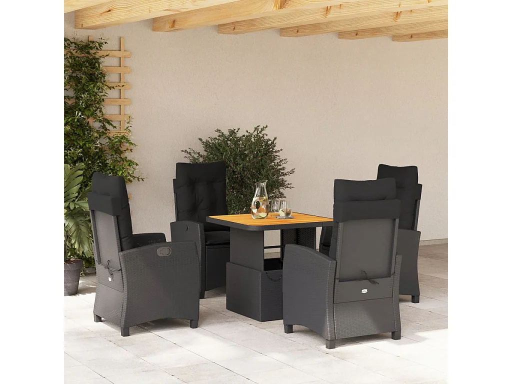 5-tlg. Garten-Essgruppe mit Kissen Schwarz Poly Rattan