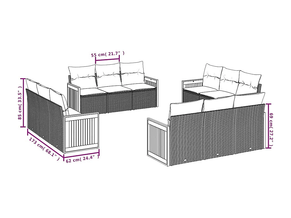 12-tlg. Garten-Sofagarnitur mit Kissen Schwarz Poly Rattan
