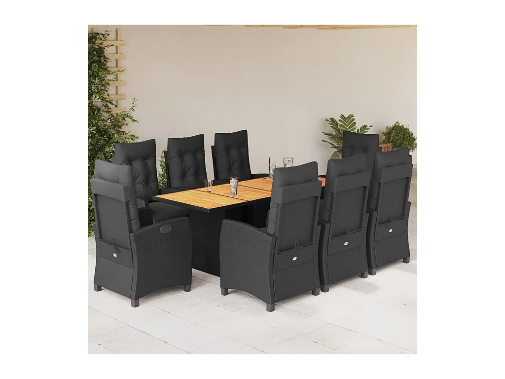 Set da Pranzo da Giardino 9 pz con Cuscini Nero in Polyrattan