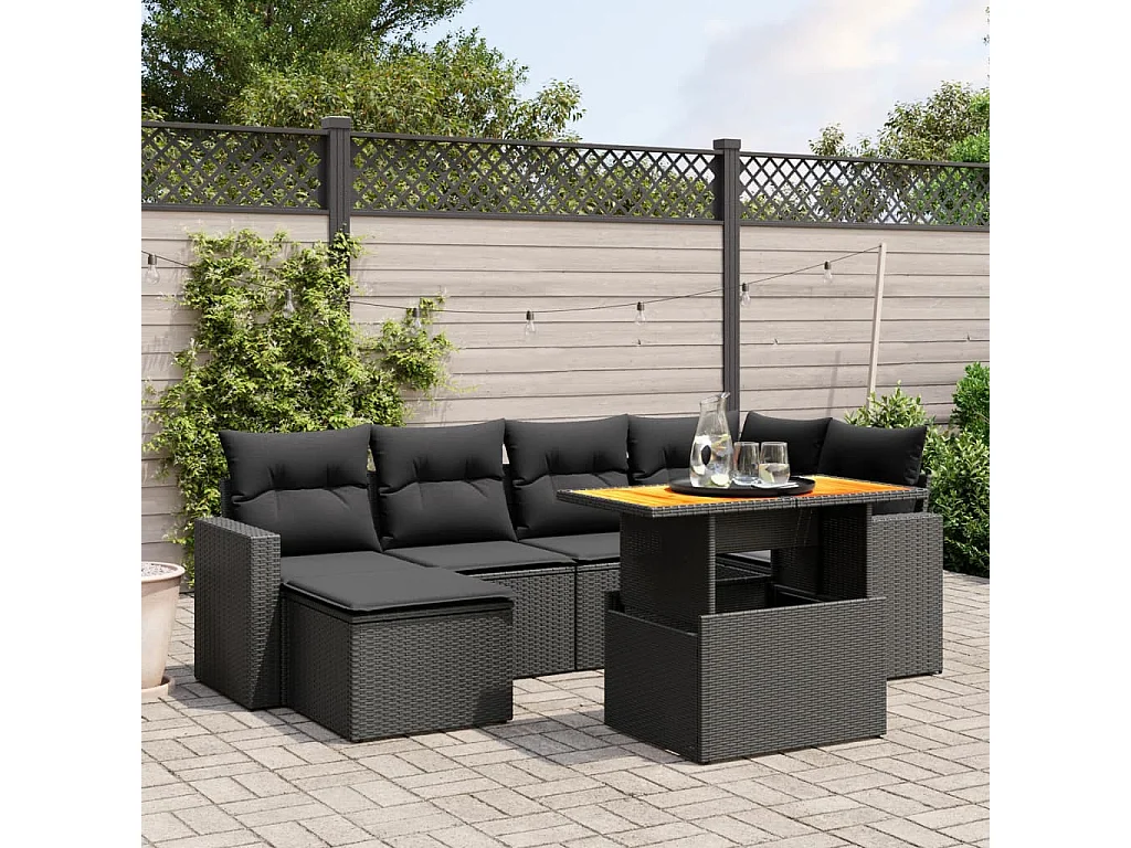 7 pcs conjunto de sofás p/ jardim c/ almofadões vime PE preto