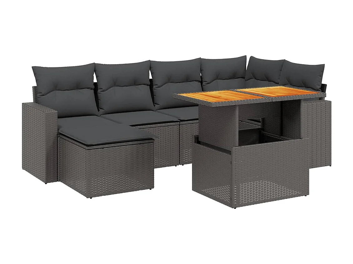 7 pcs conjunto de sofás p/ jardim c/ almofadões vime PE preto