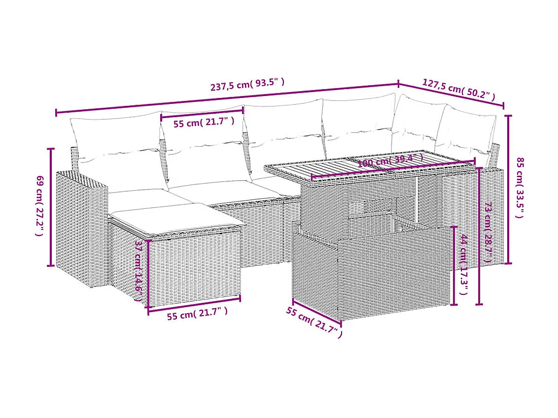 7 pcs conjunto de sofás p/ jardim c/ almofadões vime PE preto