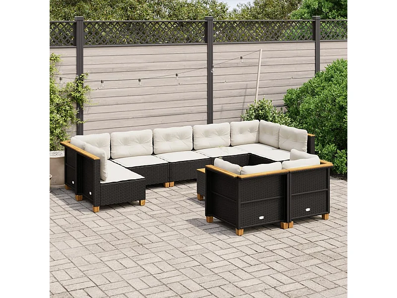 Salon de jardin 10 pcs avec coussins noir résine tressée