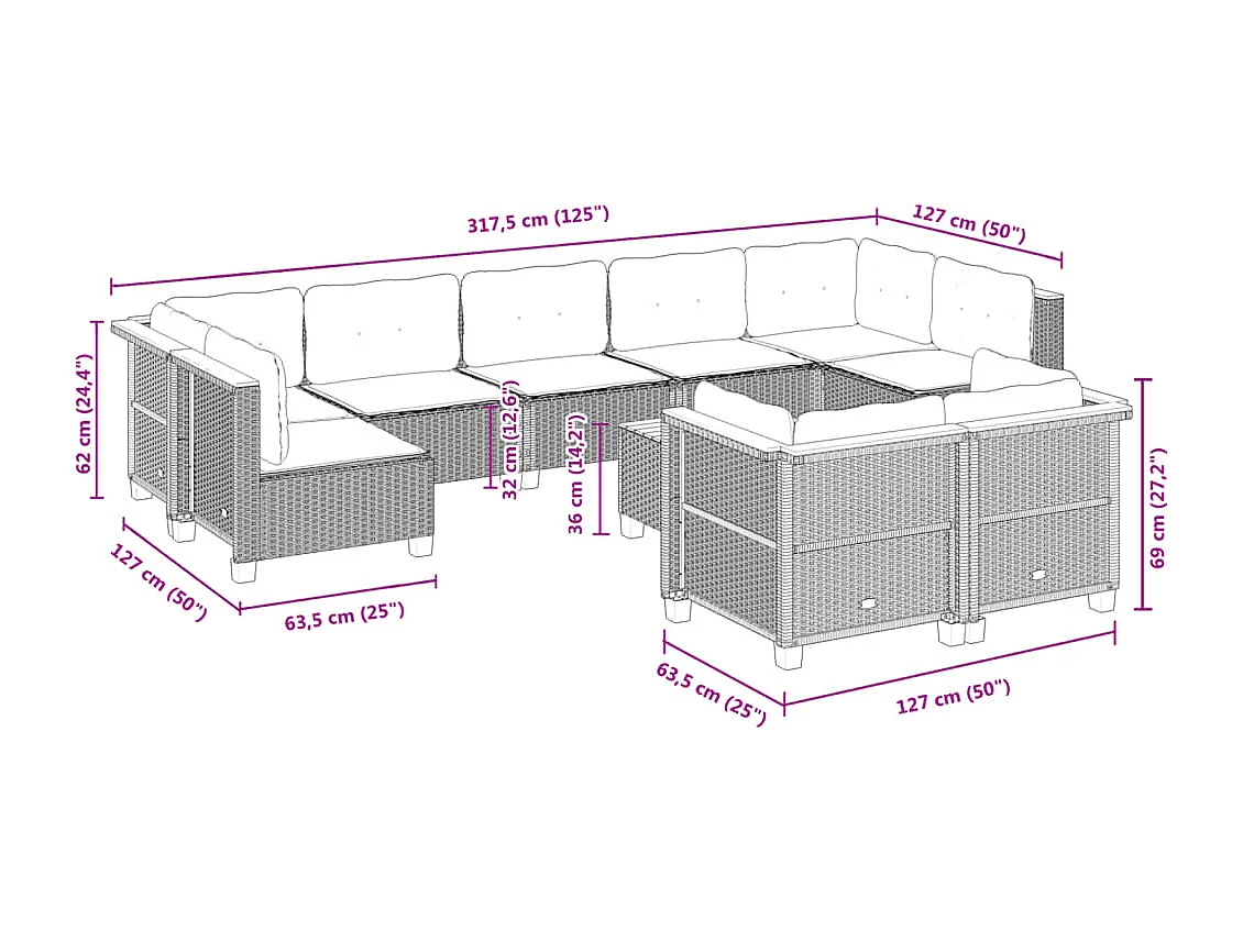 Salon de jardin 10 pcs avec coussins noir résine tressée