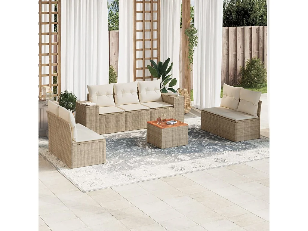 Salon de jardin avec coussins 8 pcs beige résine tressée