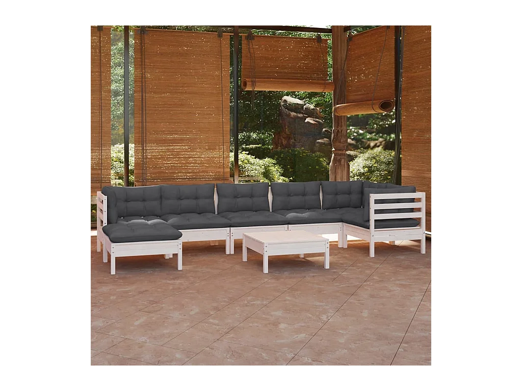 Salon de jardin 8 pcs avec coussins blanc bois de pin massif