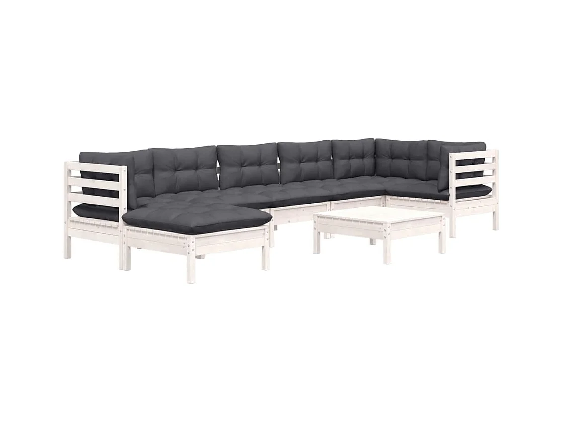 Salon de jardin 8 pcs avec coussins blanc bois de pin massif