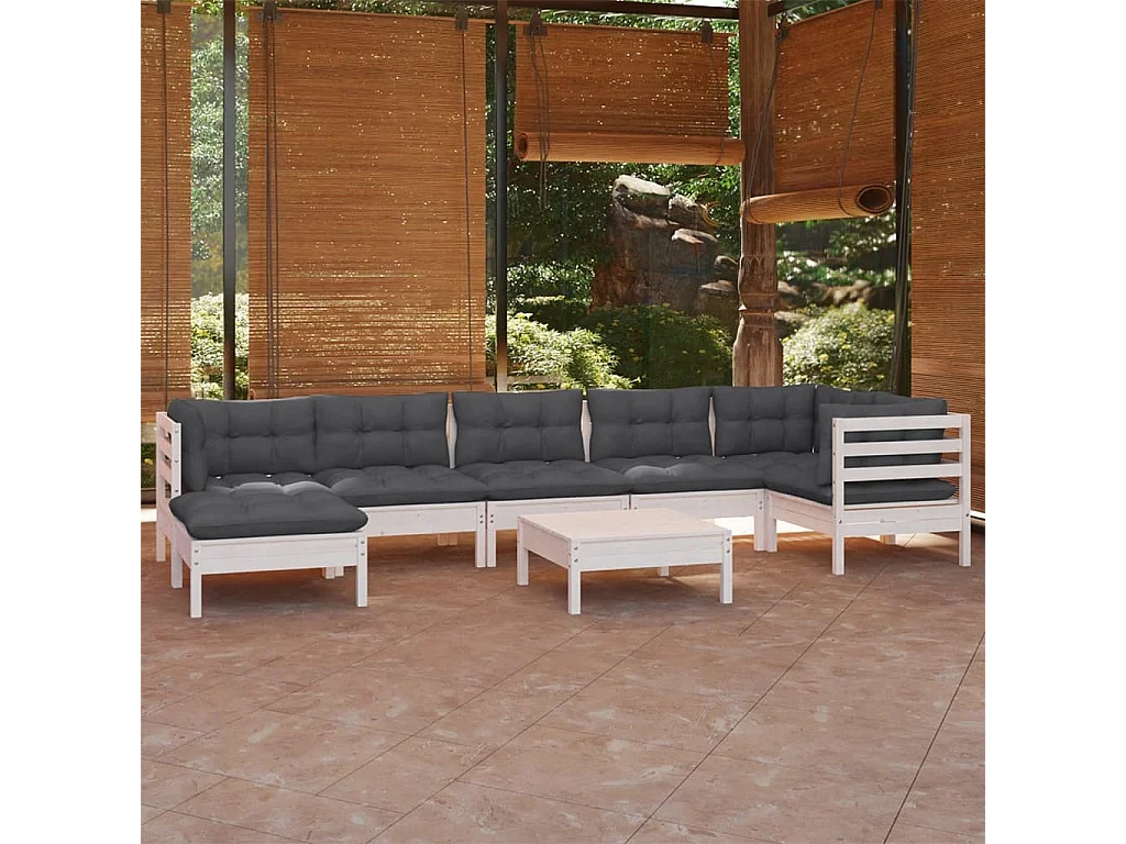 Salon de jardin 8 pcs avec coussins blanc bois de pin massif
