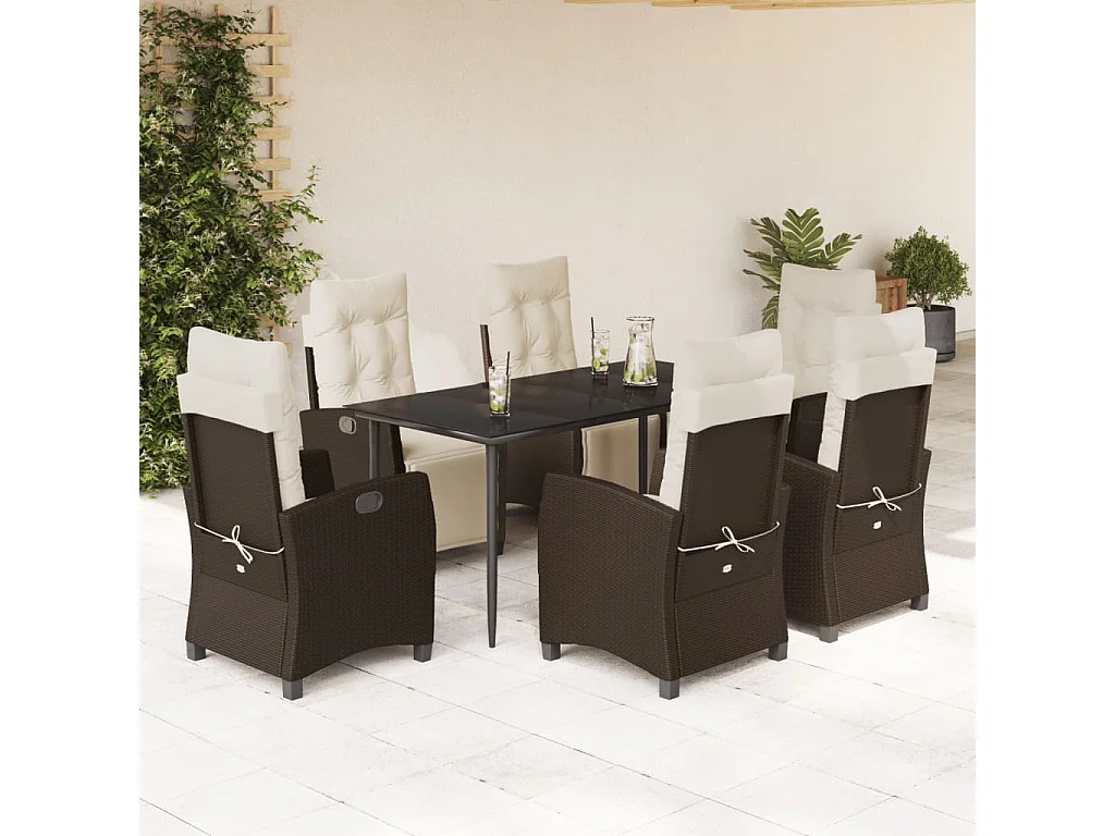 Set comedor de jardín 7 pzas con cojines ratán sintético marrón