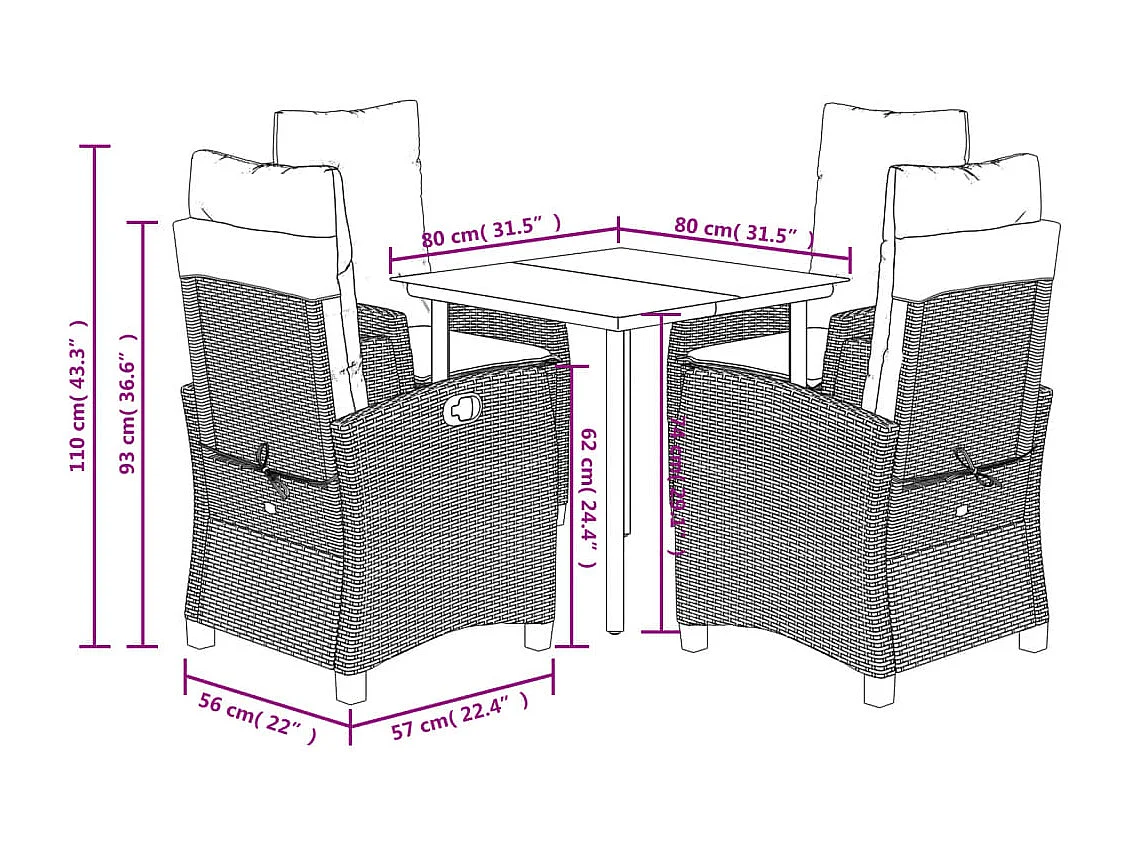 Ensemble à manger de jardin 5 pcs et coussins marron poly rotin