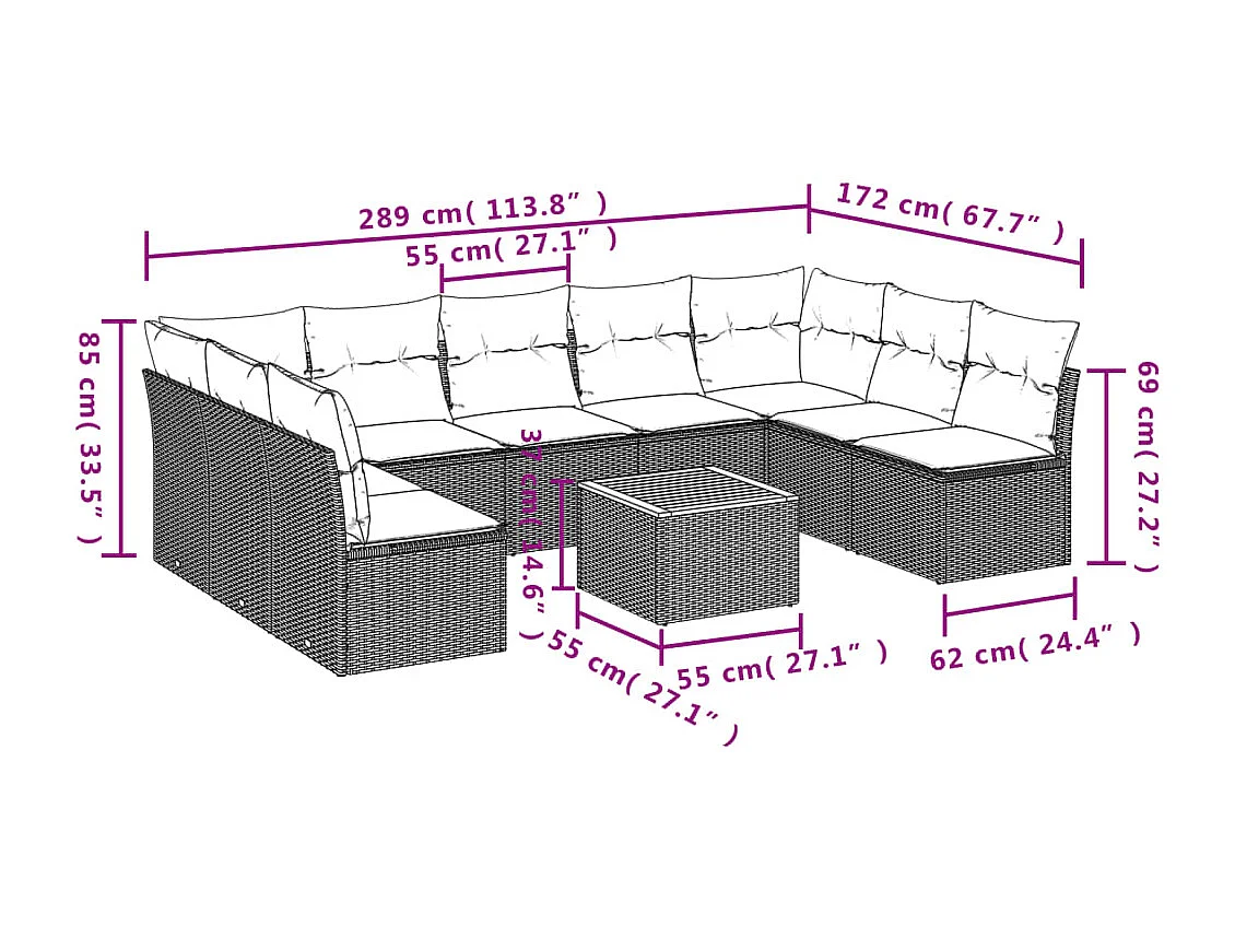 Salon de jardin avec coussins 10 pcs beige résine tressée