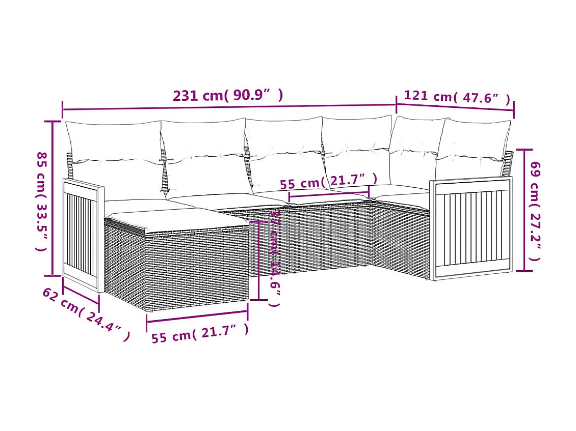 6-delige Loungeset met kussens poly rattan zwart