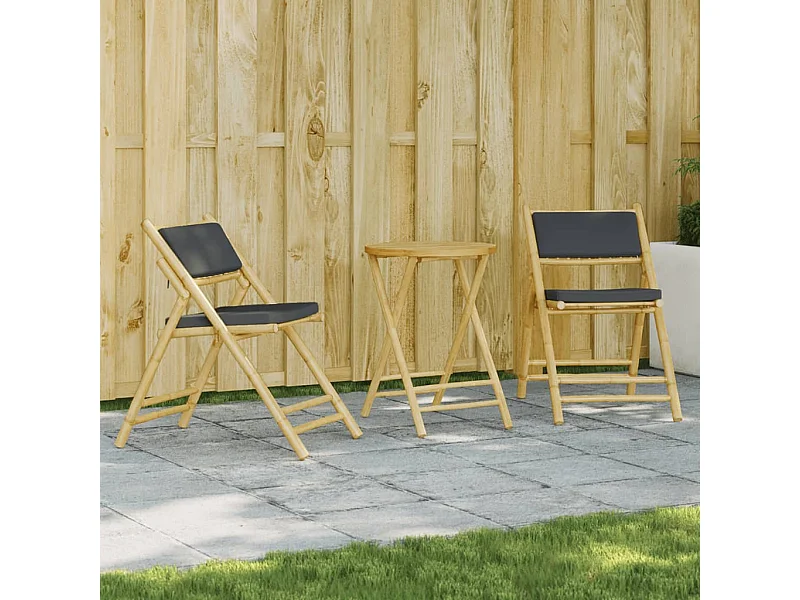 Ensemble de bistro pliante 3 pcs et coussins gris foncé bambou