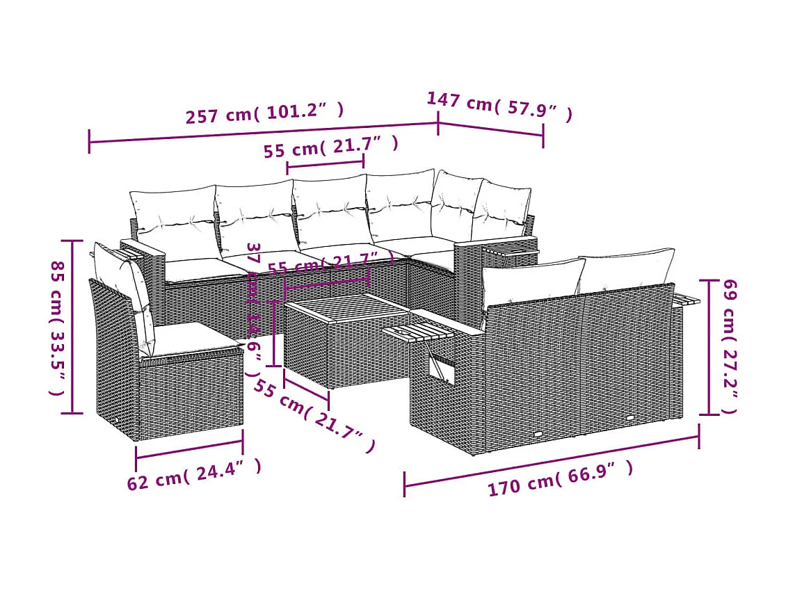 Salon de jardin avec coussins 9 pcs beige résine tressée