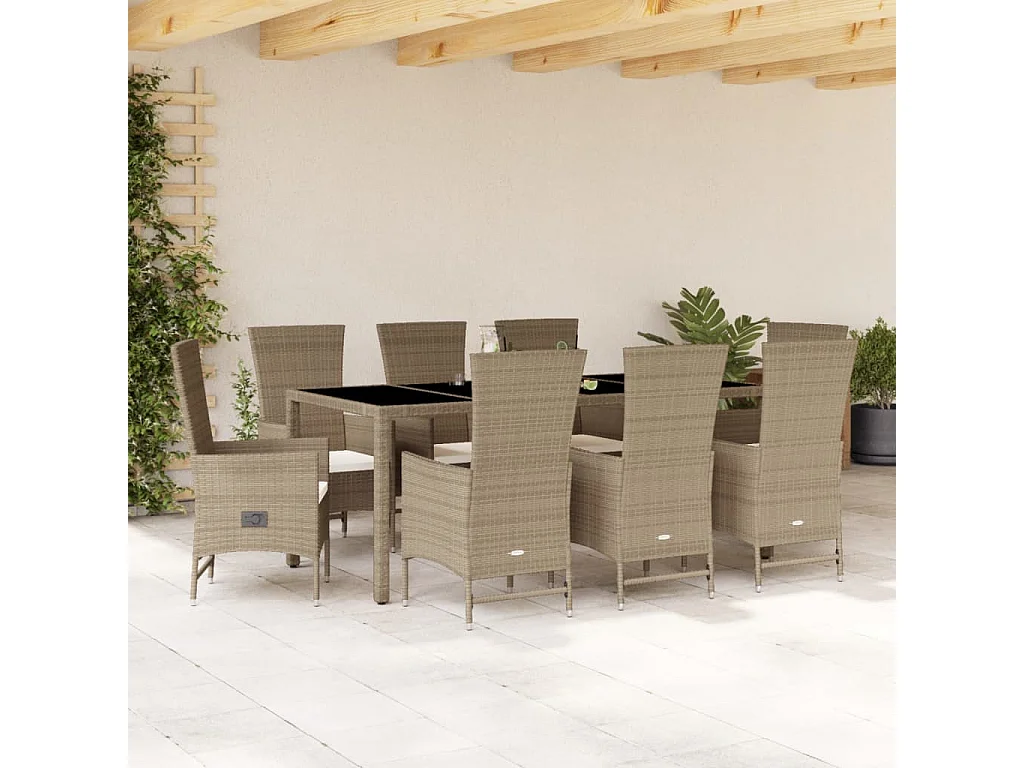 Set da Pranzo da Giardino 9 pz con Cuscini Beige in Polyrattan