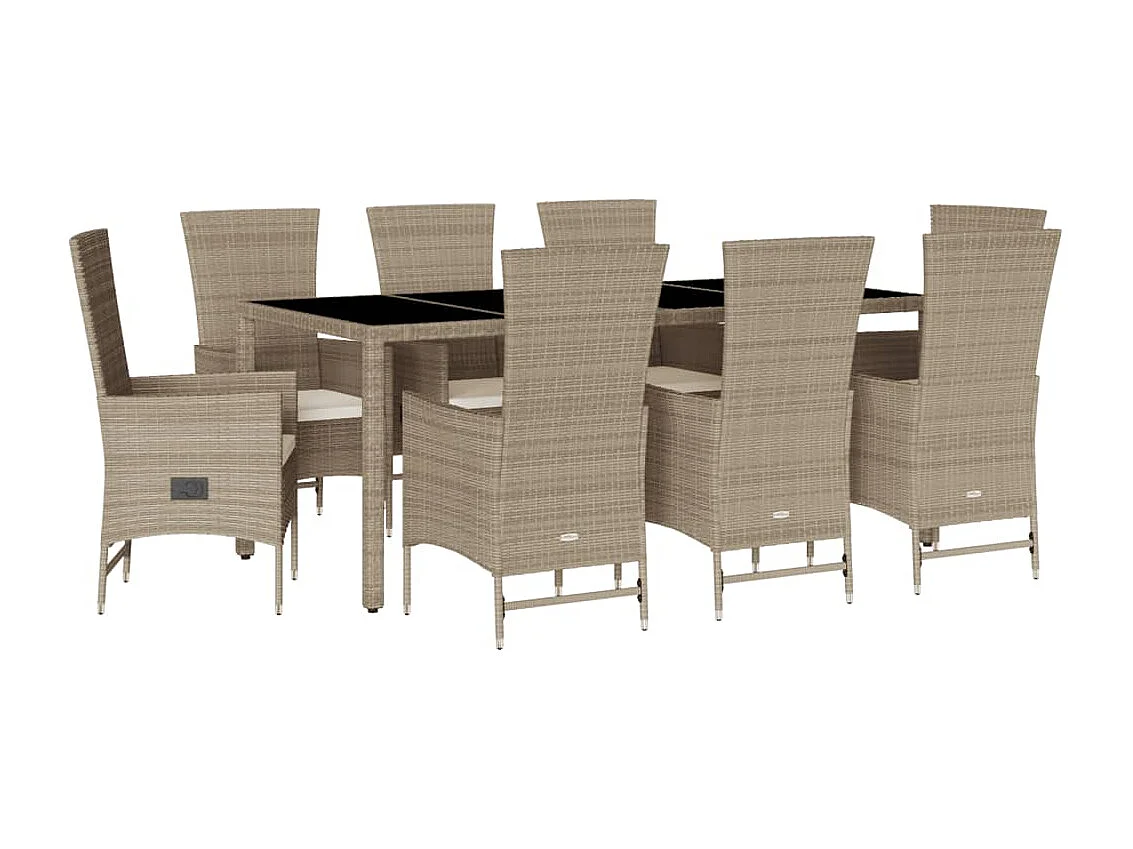 Set da Pranzo da Giardino 9 pz con Cuscini Beige in Polyrattan