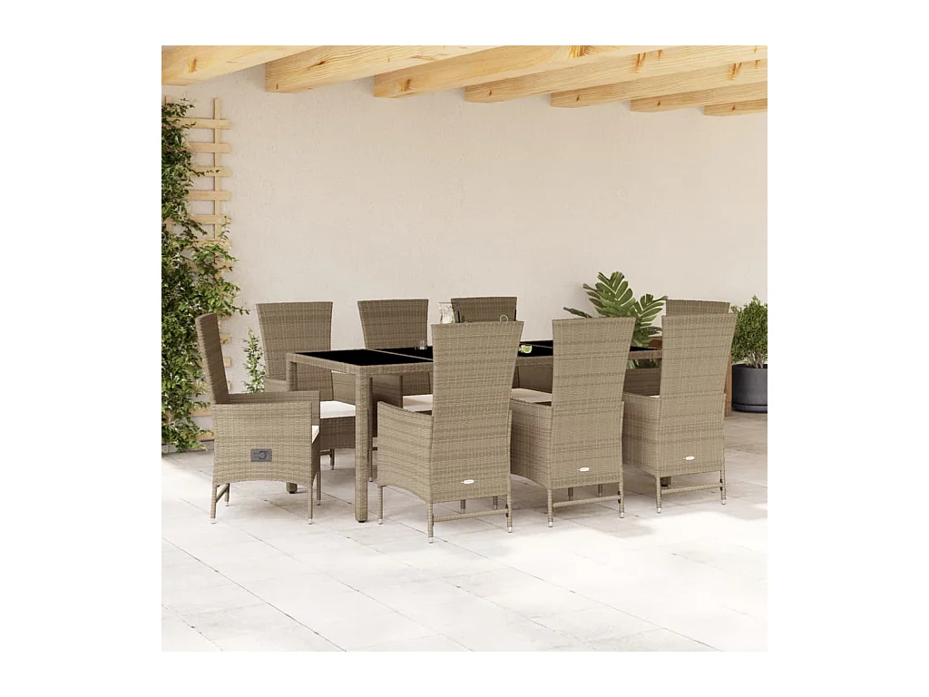 Ensemble à manger de jardin et coussins 9 pcs beige Poly rotin