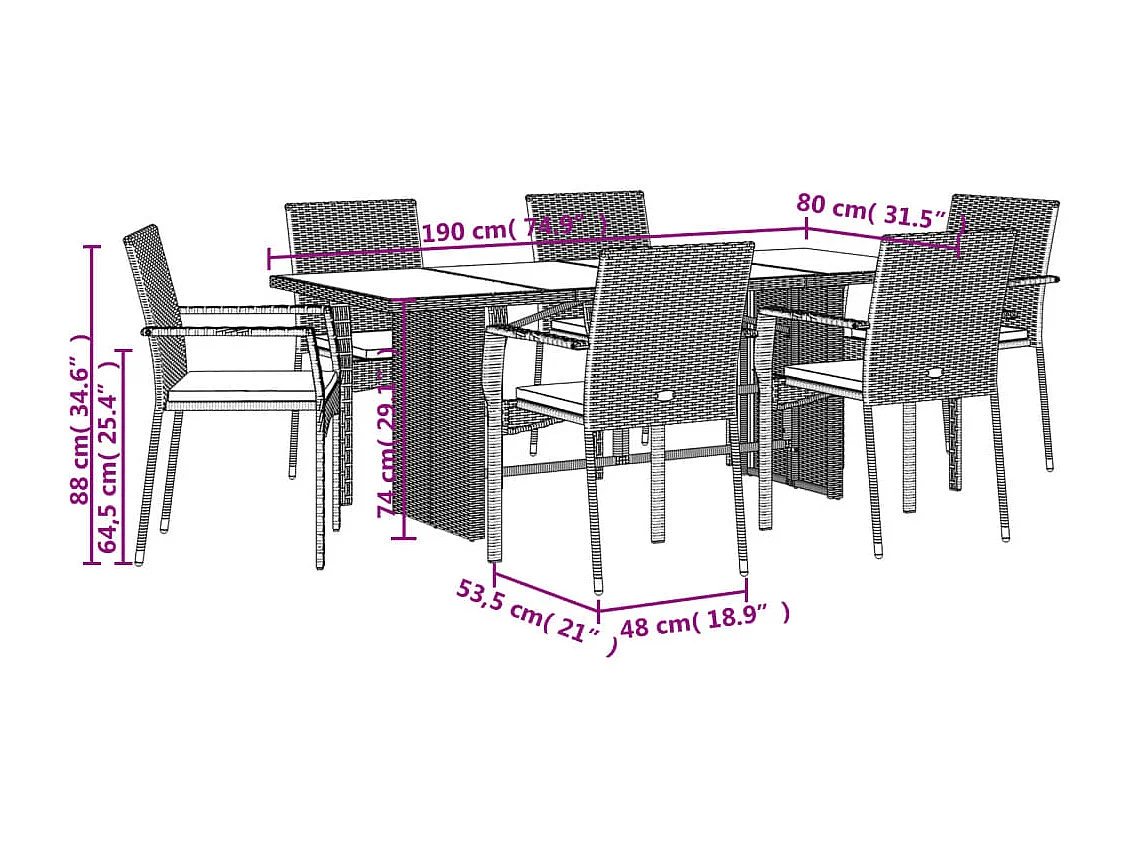 Ensemble à manger de jardin et coussins 7 pcs gris rotin
