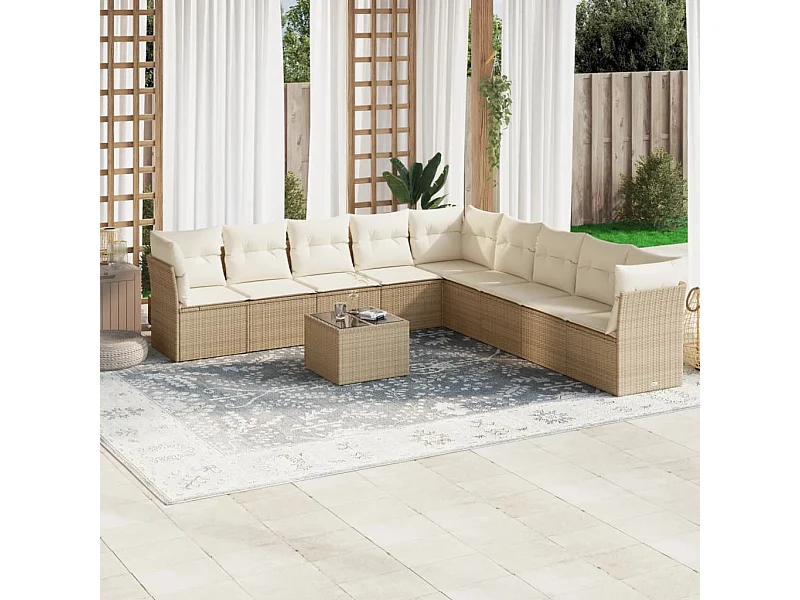 Salon de jardin avec coussins 10 pcs beige résine tressée