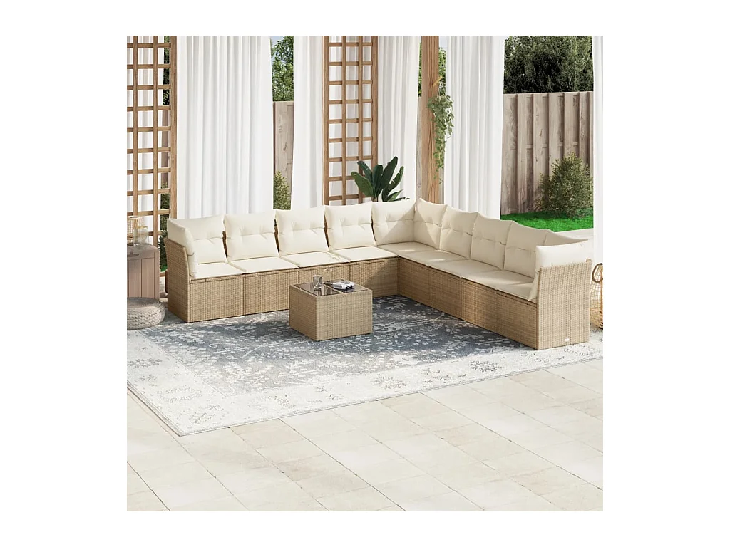 Salon de jardin avec coussins 10 pcs beige résine tressée