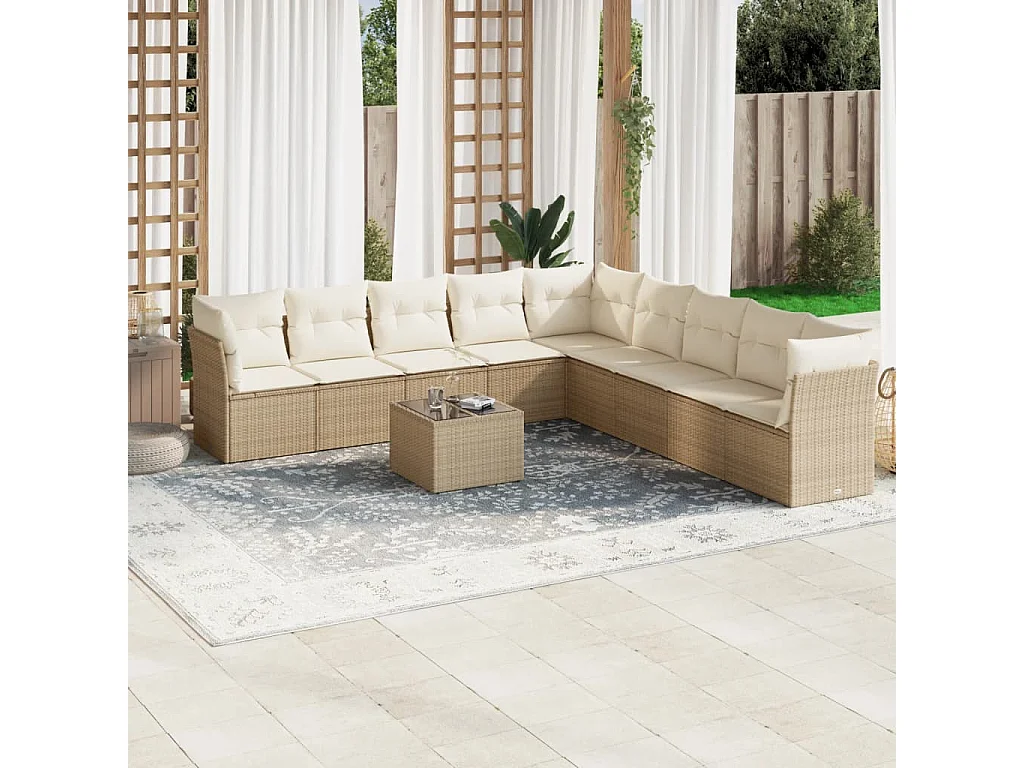 Set Divano da Giardino 10 pz con Cuscini Beige in Polyrattan