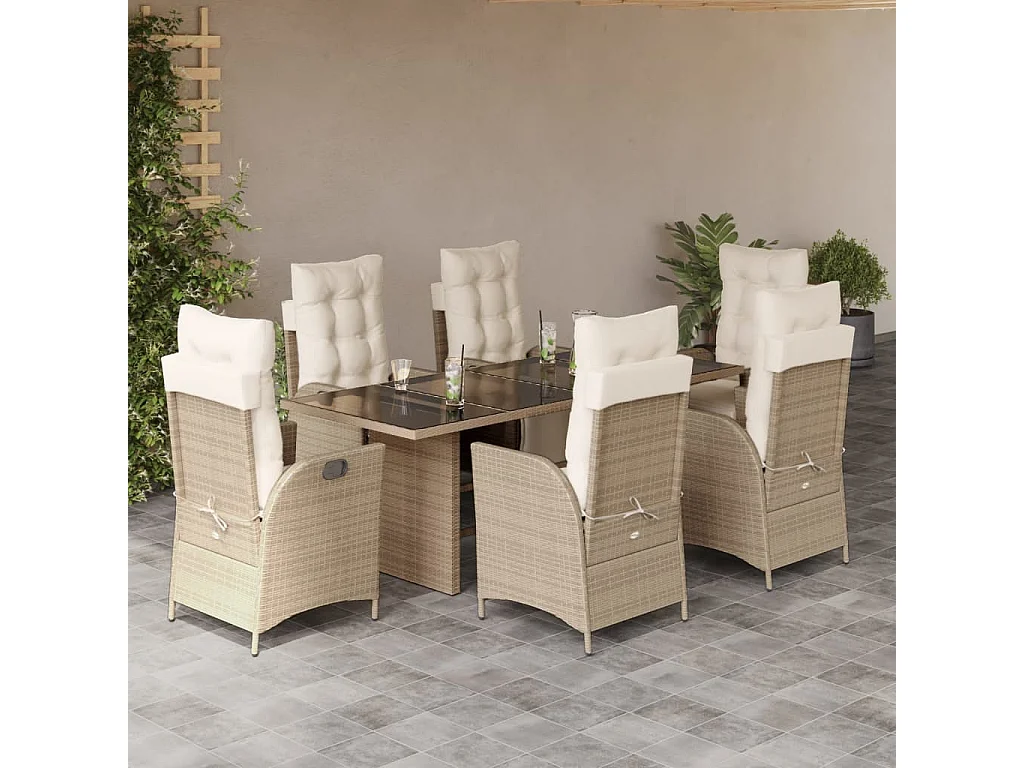 Set da Pranzo da Giardino 7 pz con Cuscini Beige in Polyrattan